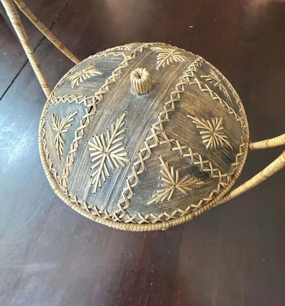 Vintage Decorative Asian Woven Bamboo Rice Basket with Lid and Handle